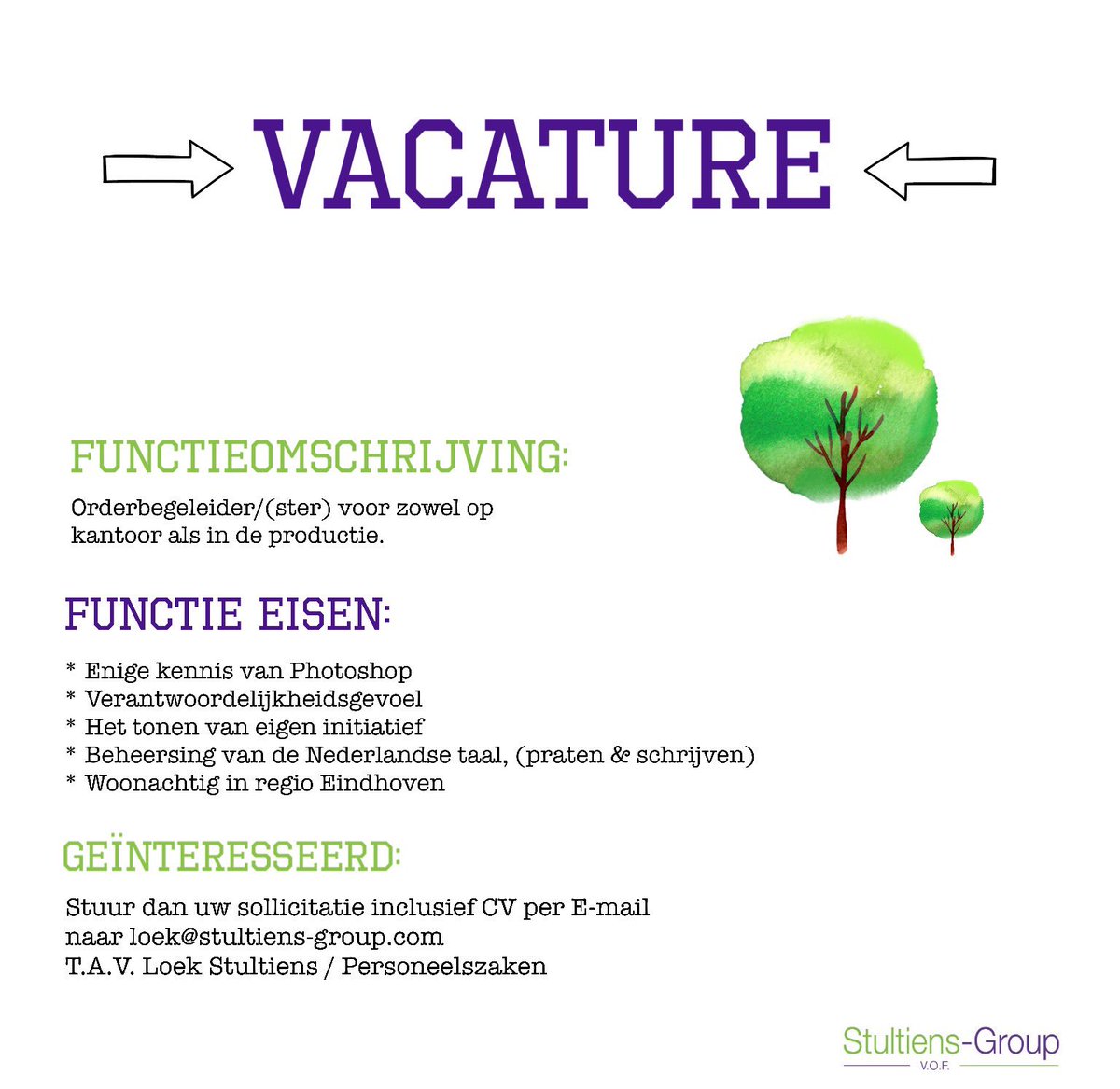 Wegens groei binnen #Stultiens-group zijn wij opzoek naar een leuke, spontane collega. 

Een #RETWEET van dit bericht wordt gewaardeerd! 👇🏼