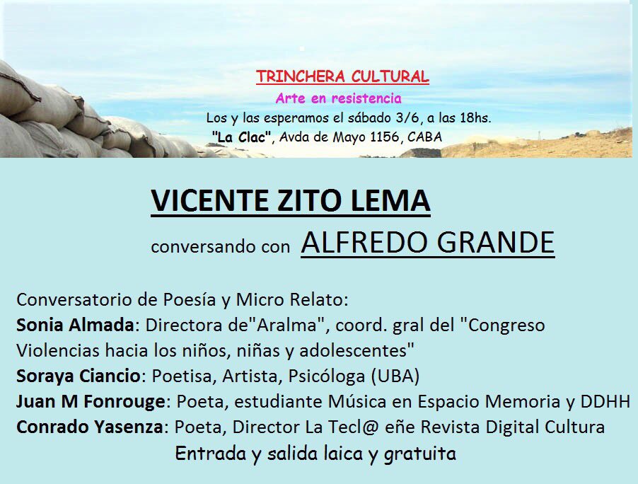SoniaAlmada's tweet photo. Los esperamos este sábado en #TrincheraCultural a las 18 hs en #LaClac con @ALFREDOGRANDE Conversatorio de Poesía y MicroRelato. https://t.co/N5t0KWGwuQ