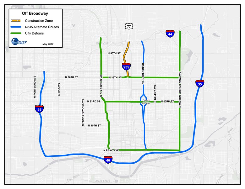 OKDOT's tweet photo. OKC: Curtain will close on I-235 for 5 days for bridge removal bet. I-44 and N. 36th St starting at 8p June 2. Find alt. route. #OffBroadway https://t.co/F3xmtjAm7t