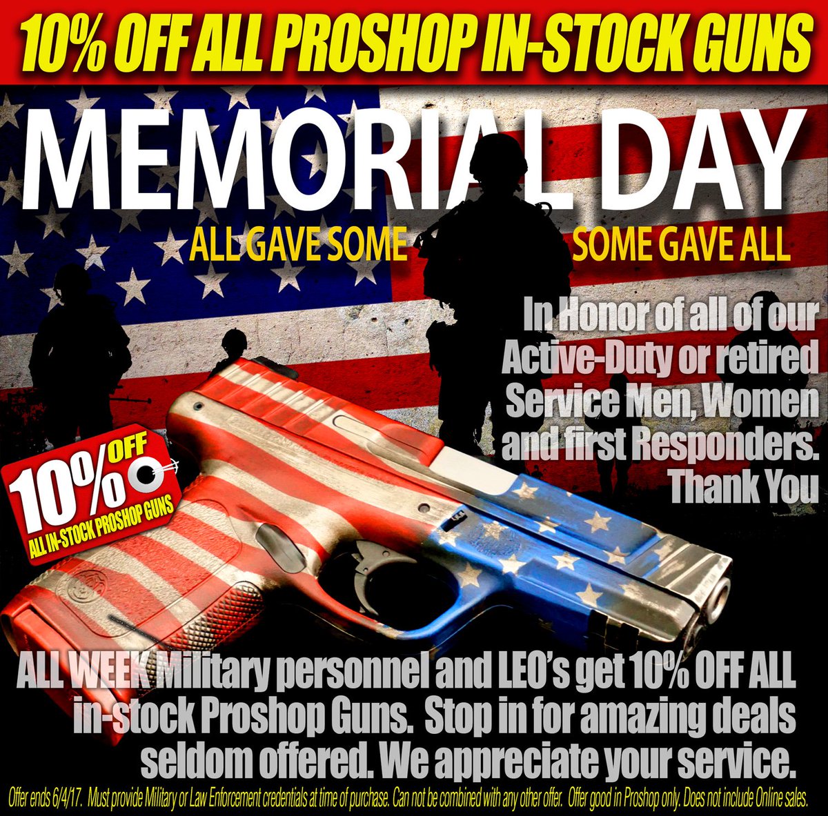 ThomKuss1's tweet photo. THIS WEEK! Military & First Responders get 10% OFF all guns in the Proshop! Come in today! Please share! #DSARMS #DSAINC #MEMORIALDAY #GUNS https://t.co/oS91g4qtM9