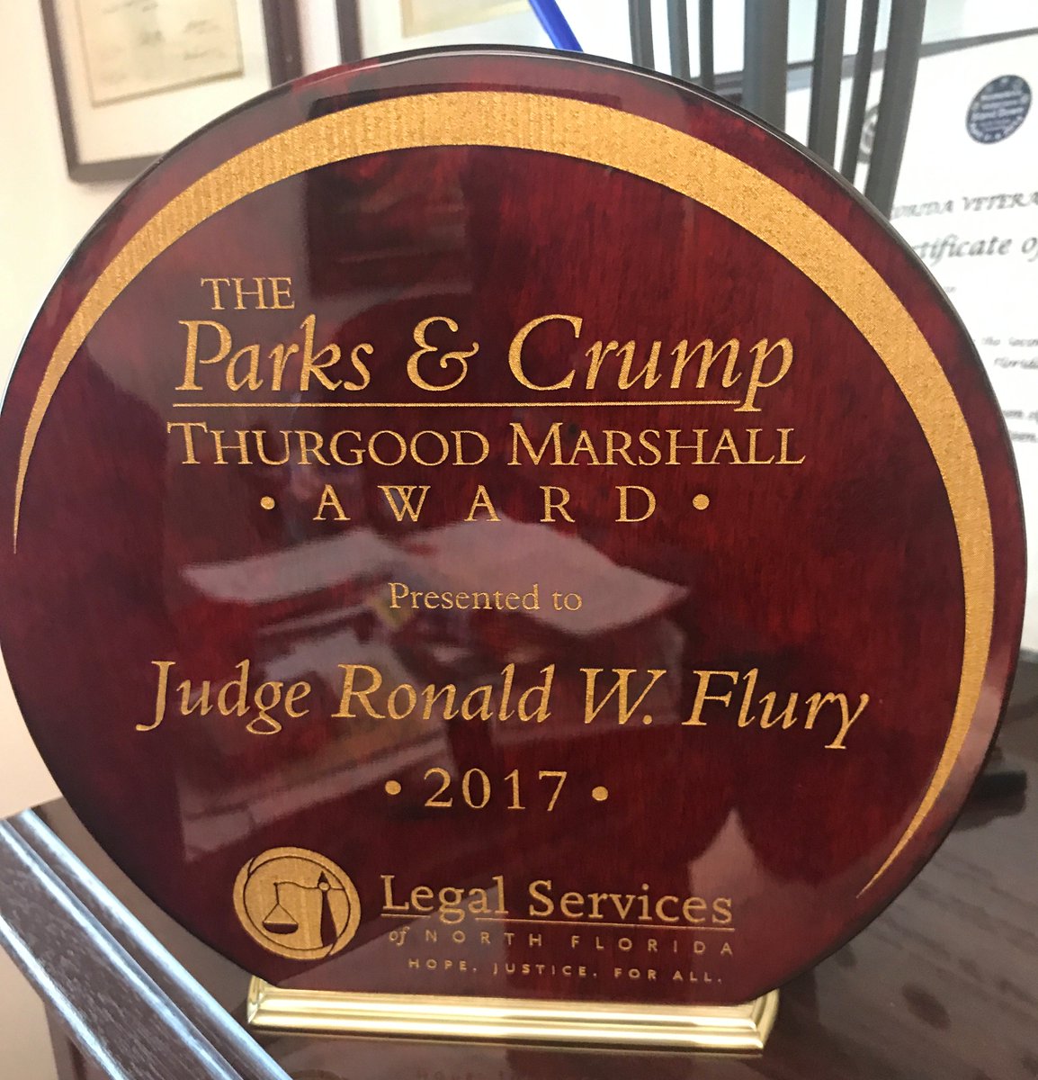 Congratulations to Leon County Judge Ronald W. Flury for receiving the 2017 Parks and Crump Thurgood Marshall Judicial Excellence Award.