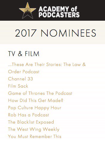 TheBlacklistGSM's tweet photo. Honored 2 be a nominated #podcast for 2017 Academy of Podcaster Awards #AofP #PM17 #TheBlacklist Thanks Academy @NBCBlacklist @BlacklistRoom https://t.co/OSeUYz0GFm