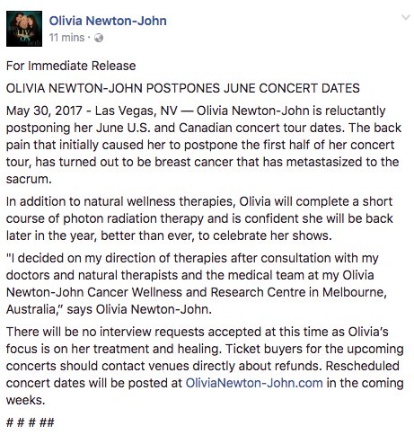 CarbieWarbie's tweet photo. Sad to hear that Australia's sweetheart Olivia Newton-John has made this announcement on her @facebook page. Wishing her a speedy recovery. https://t.co/u4q5zDB7c0