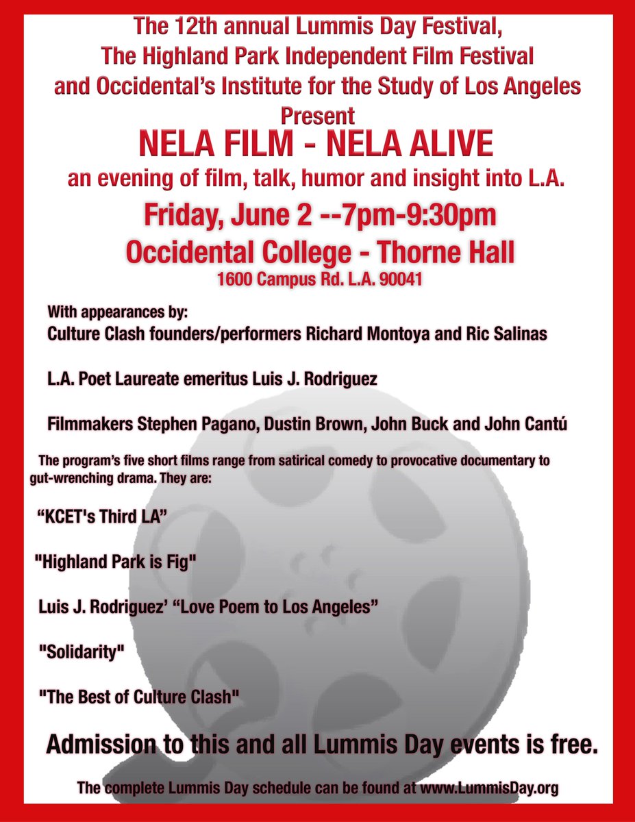 OxyISLA's tweet photo. Excited for this Fri. 6/2 7pm #NELA Alive: NELA Film event w/@Lummisday &amp; @hpifilmfest https://t.co/6hKSbCh2F0 FREE and open to all! https://t.co/4f5QWETPIt