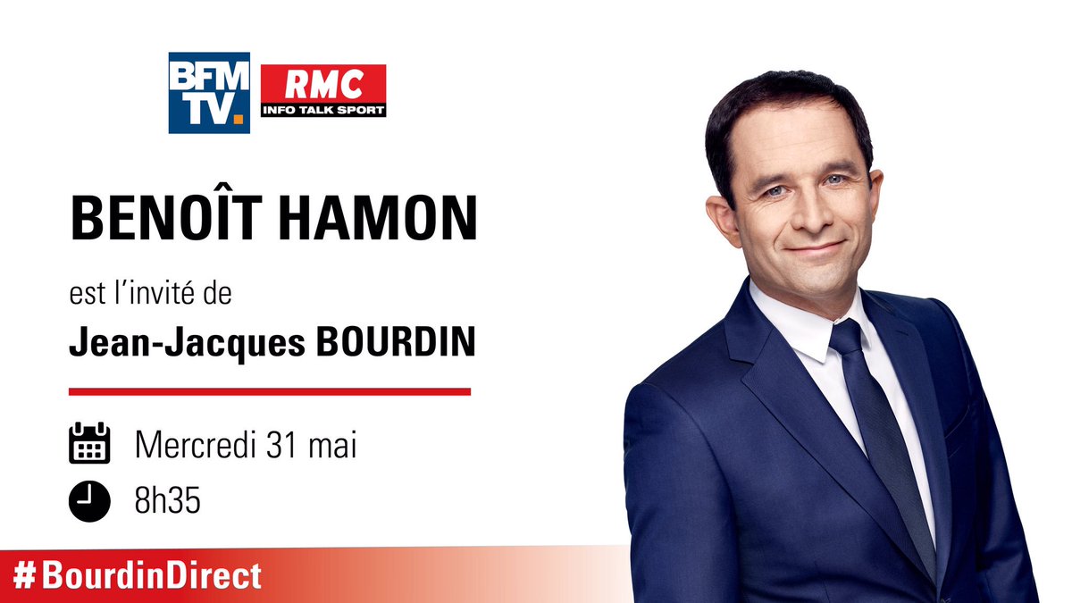 benoithamon's tweet photo. Je serai demain mercredi l'invité de @JJBourdin_RMC à 8h35 sur @RMCinfo et @BFMTV. #BourdinDirect https://t.co/KL4YsixmdR
