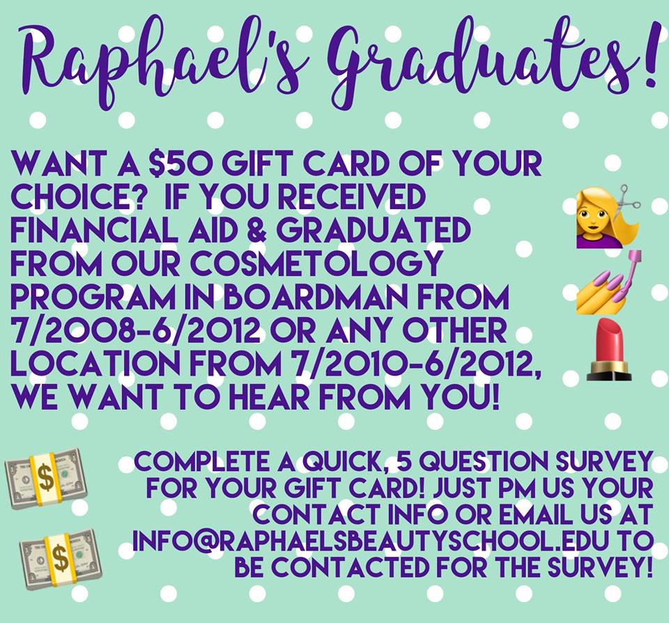 RaphaelsSchool's tweet photo. Call 330-782-3395 Ext. 1110 to complete this 5 question survey about your career since graduating Raphael's and make a quick $50! https://t.co/900L1u4FNK