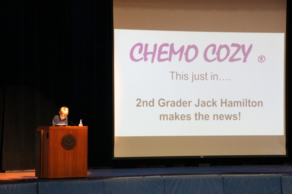 Our Co-Founders' son, Jack addressed his elementary school talking about his father's battle with cancer &amp; Chemo Cozy! #thinkhappy #soproud