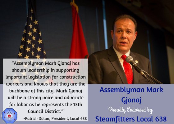 MarkGjonajNY's tweet photo. Thank you #Steamfitters #Local638 for your endorsement and support in my campaign for City Council ! https://t.co/iyYbKx2S0s https://t.co/zcJn9OcPG6