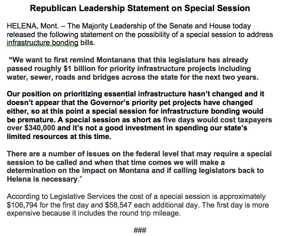MTHouseGOP's tweet photo. Calling a special session at this point would be premature &amp; would cost taxpayers $$$ #mtpol #mtleg https://t.co/rMaCPjRPjV