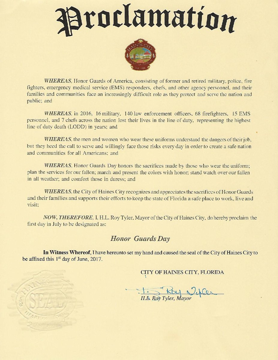 HonorGuardsIntl's tweet photo. Thanks Mayor #HLRoyTyler and the City of Haines City FL for recognizing all #HainesCity #honorguards on July 1st for #HonorGuardsDay https://t.co/FH5FcmZg1T