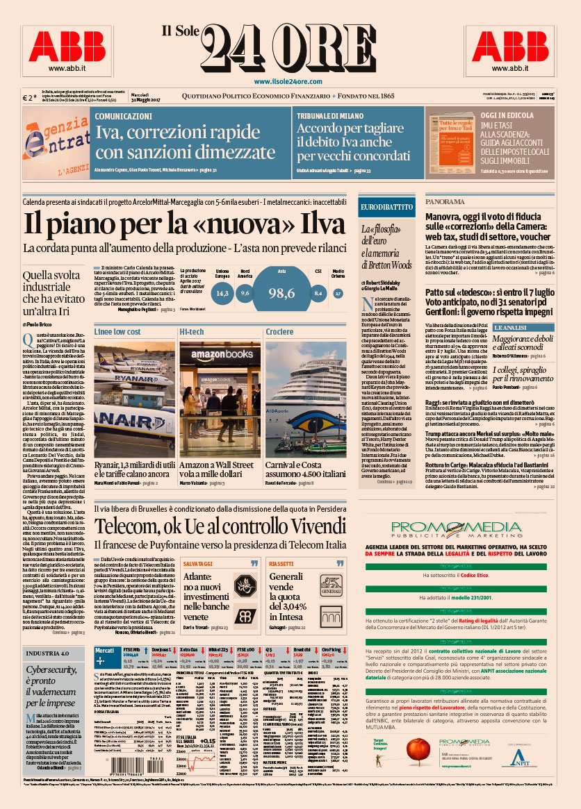 adrianoattus's tweet image. La #PrimaPagina del @sole24ore &amp;gt; il piano x la nuova #Ilva | Comunicazioni #IVA | #Webtax #Voucher #Eurodibattito #CyberSecurity #Imu #Tasi