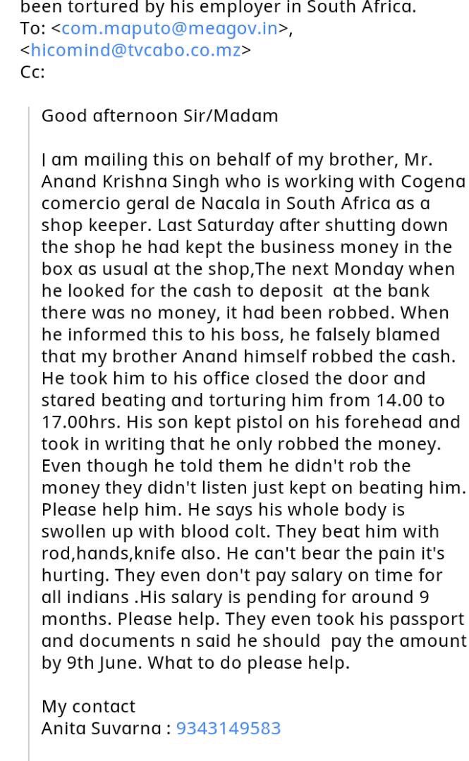 karlgomes's tweet photo. #Help Indian stuck in Mozambique. Beaten daily to extort money. @sushmaswaraj @narendramodi and @IndiaInMoz #PleaseRT https://t.co/BWywS5sQdx