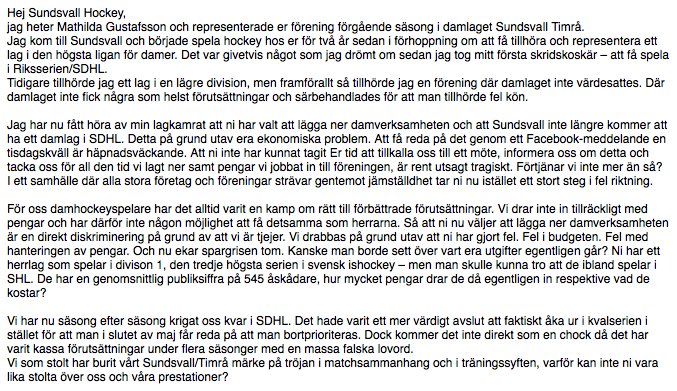 thiildas's tweet photo. Jahapp, vi får inte längre representera @SundsvallH och därmed fortsätta spela i @SDHLse. Vart tog jämställdheten vägen? @STsporten https://t.co/zT4MB7EGiT