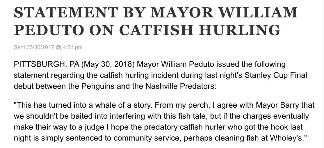 TheNextPGH's tweet photo. Statement by Mayor @billpeduto on predatory catfish hurling during last night's @penguins game. https://t.co/rwzWQwXzWp