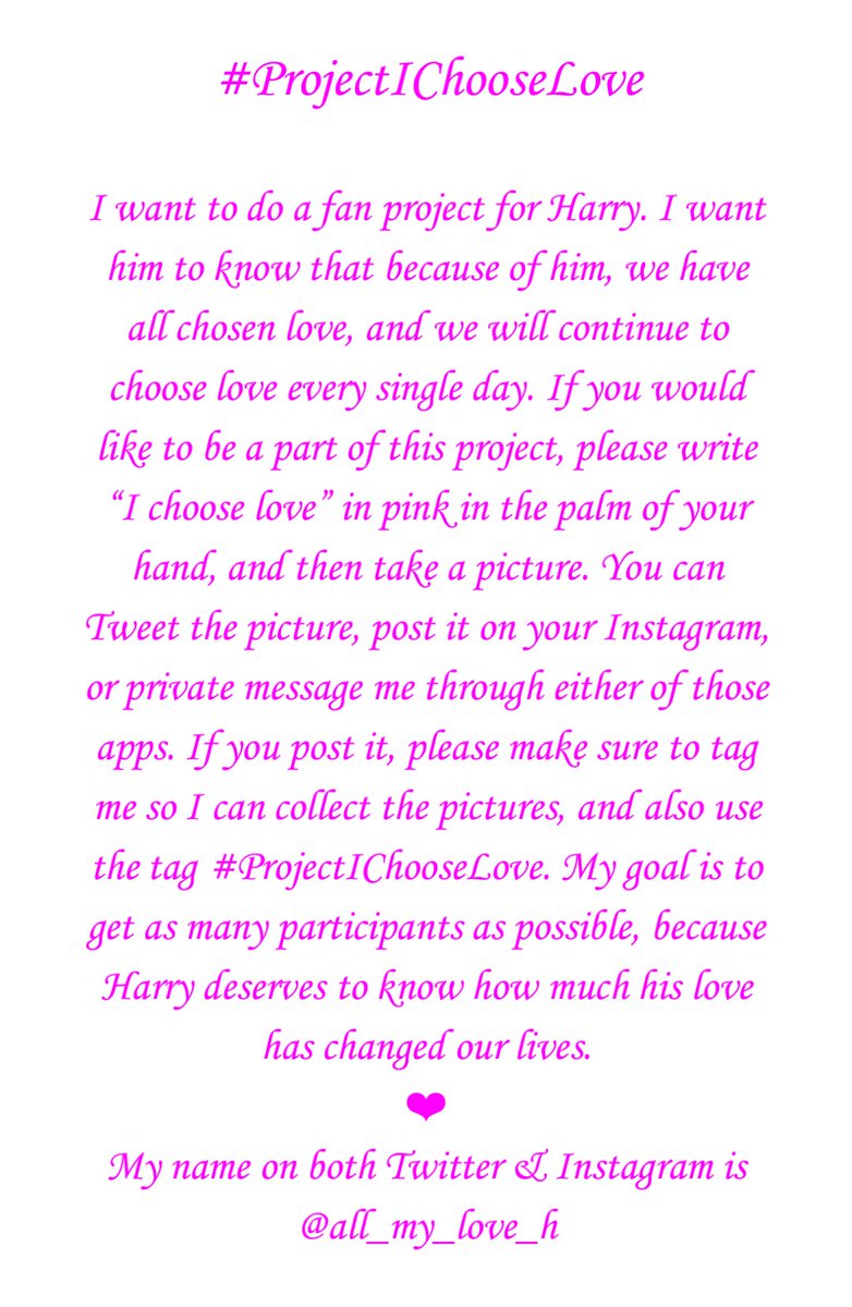 All_My_Love_H's tweet photo. I want to do a fan project for @Harry_Styles, and I hope with all my heart ​that all of you will join in! ❤ #HarryStyles #ProjectIChooseLove https://t.co/e0BXTwXF1J