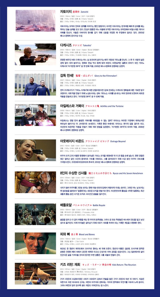 [ 웃음과 폭력: 기타노 다케시 회고전] 이번 회고전에서는 연출작 <그 남자, 흉폭하다>(1989), <하나비>(1997), <기쿠지로의 여름>(1999)을 비롯해 최신작,...