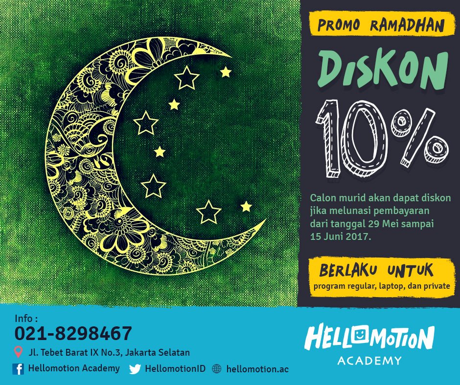 smahellomotion's tweet photo. Nah, asik nih ada diskon dari @HelloMotionID buat kamu yang ingin belajar desain di Tebet! #HellomotionAcademy https://t.co/Lb4BLztQUd