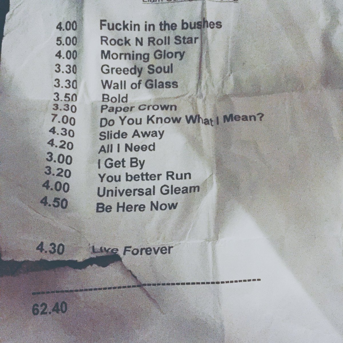 Spud_MacBain's tweet photo. #LiamGallagher setlist tonight... https://t.co/NGQIJu6v5e