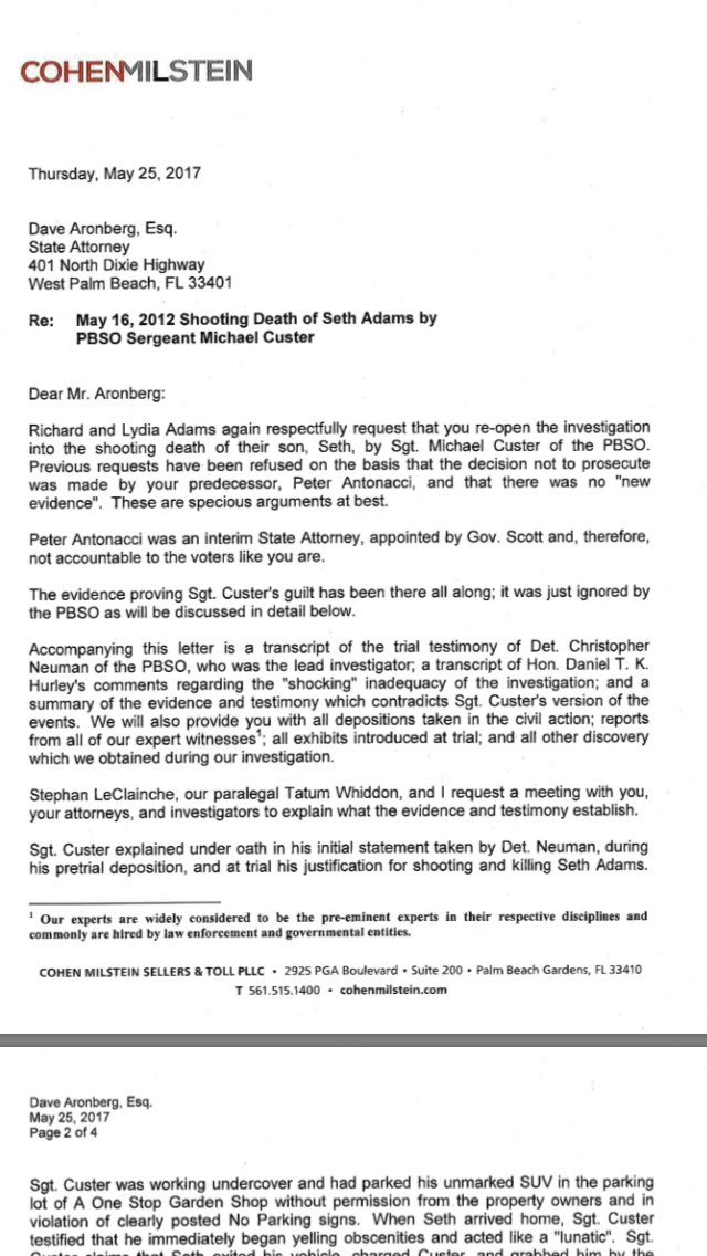 samsminknews's tweet photo. Here's the letter the parents of #sethadams sent to State Attorney Aronberg asking him to reopen criminal case into shooting. #wptv https://t.co/XotdbAbxzp