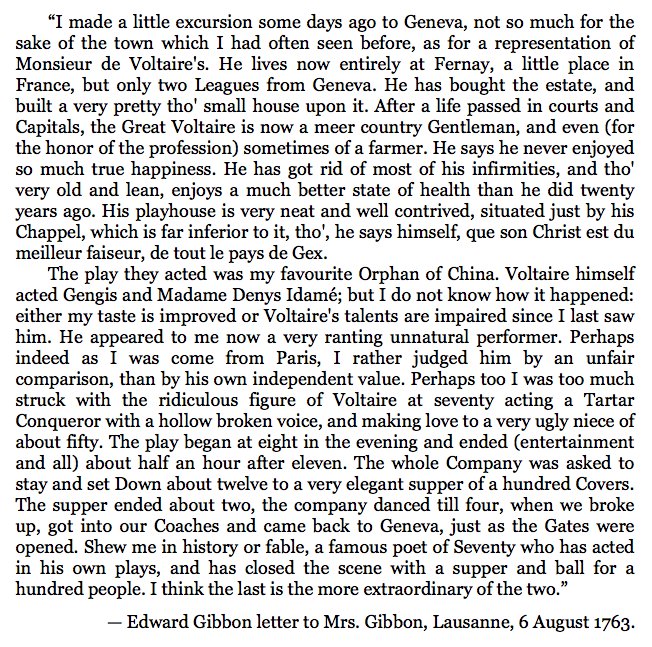 wrathofgnon's tweet photo. Edward Gibbon travels to Ferney just on the border to Switzerland in 1763, describes the (not so much) decline and fall of Old Man Voltaire. https://t.co/yRdDxqMjs1