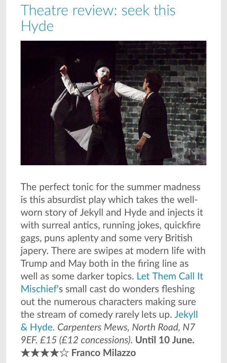 #jekyllandhyde has been given a 🌟🌟🌟🌟 #review from The Londonist! #londontheatre