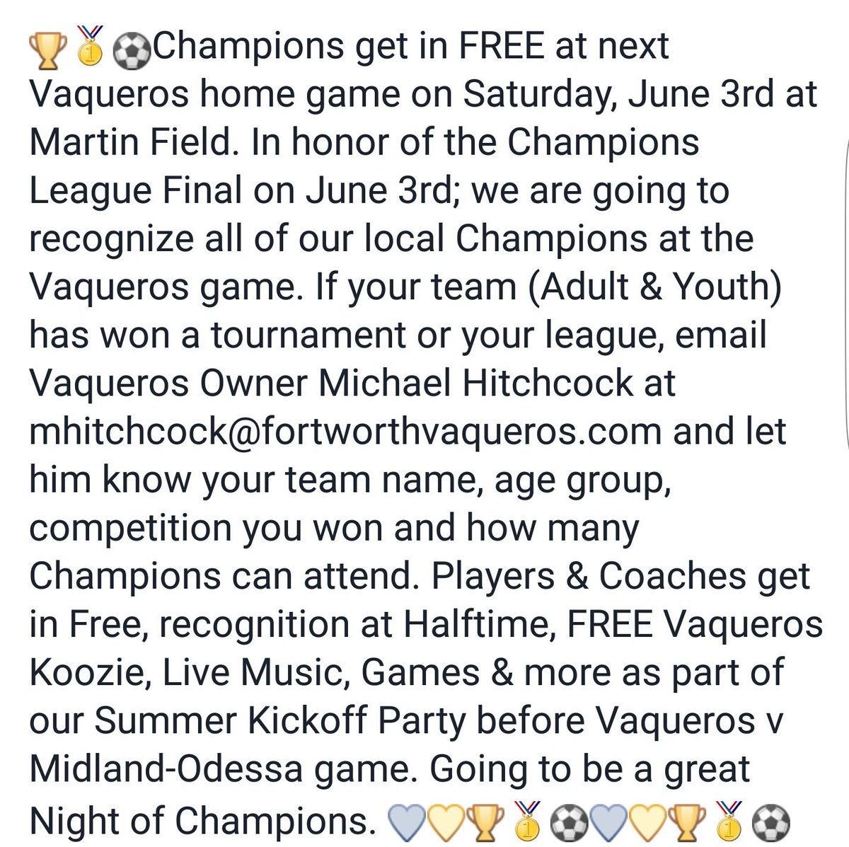 It's not too late to sign up for Night of Champions on June 3. Email your team info to Owner <a href="/Hitchnewbiz/">Michael Hitchcock</a>,  mhitchcock@fortworthvaqueros.com