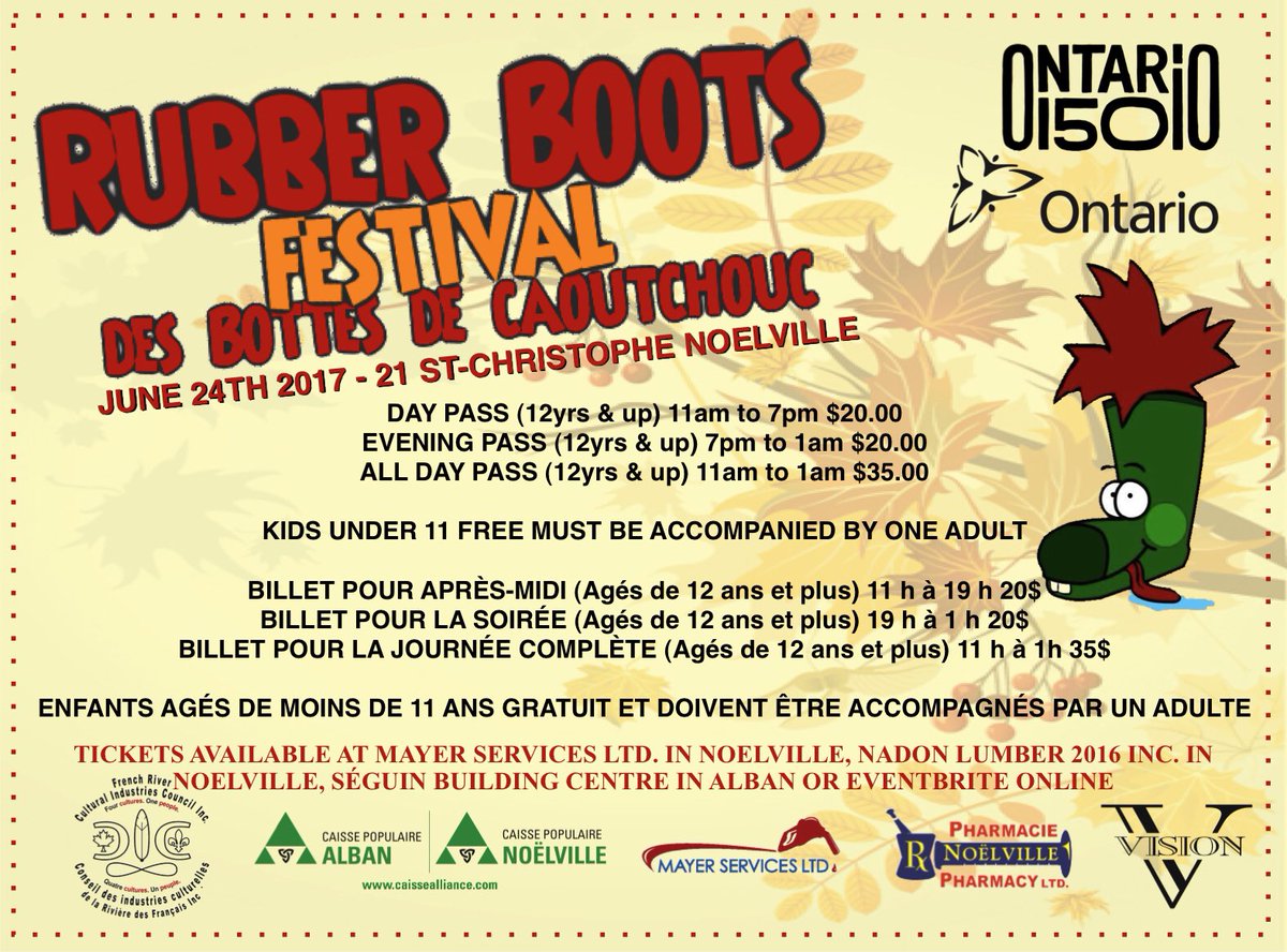 Don't wait! Buy your #RubberBootsFestival tickets now on Eventbrite. June 24th Noelville arena. Great line-up, activities and more!