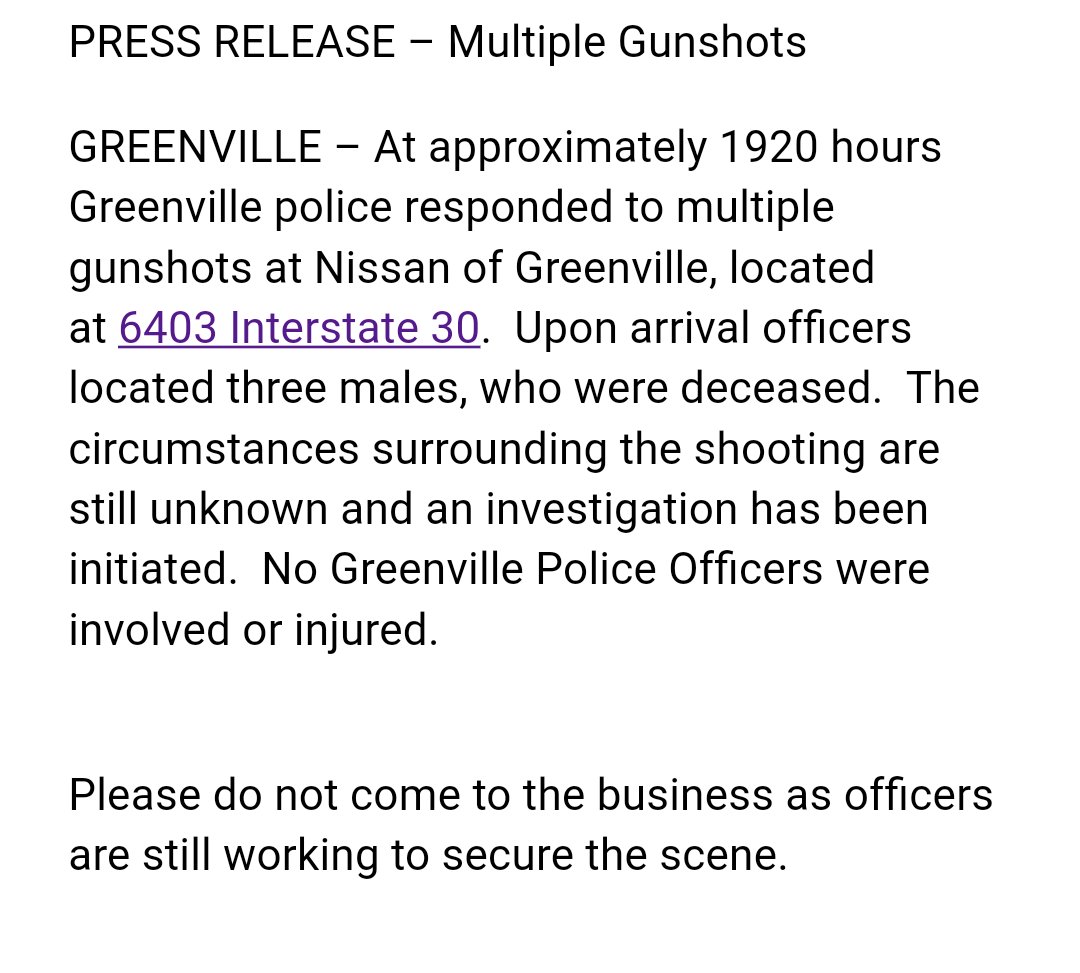 FOX4Terry's tweet image. #BREAKING 3 men found dead in a #Greenville car dealership after multiple shots fired.
@FOX4