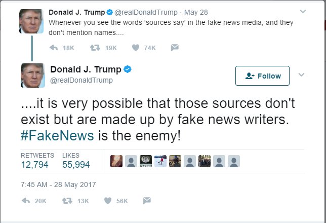 Athlavard's tweet photo. @foxandfriends @realDonaldTrump "Source says." Didn't you just get through saying that anything with that is #fakenews ? https://t.co/uFt6MKd0K8