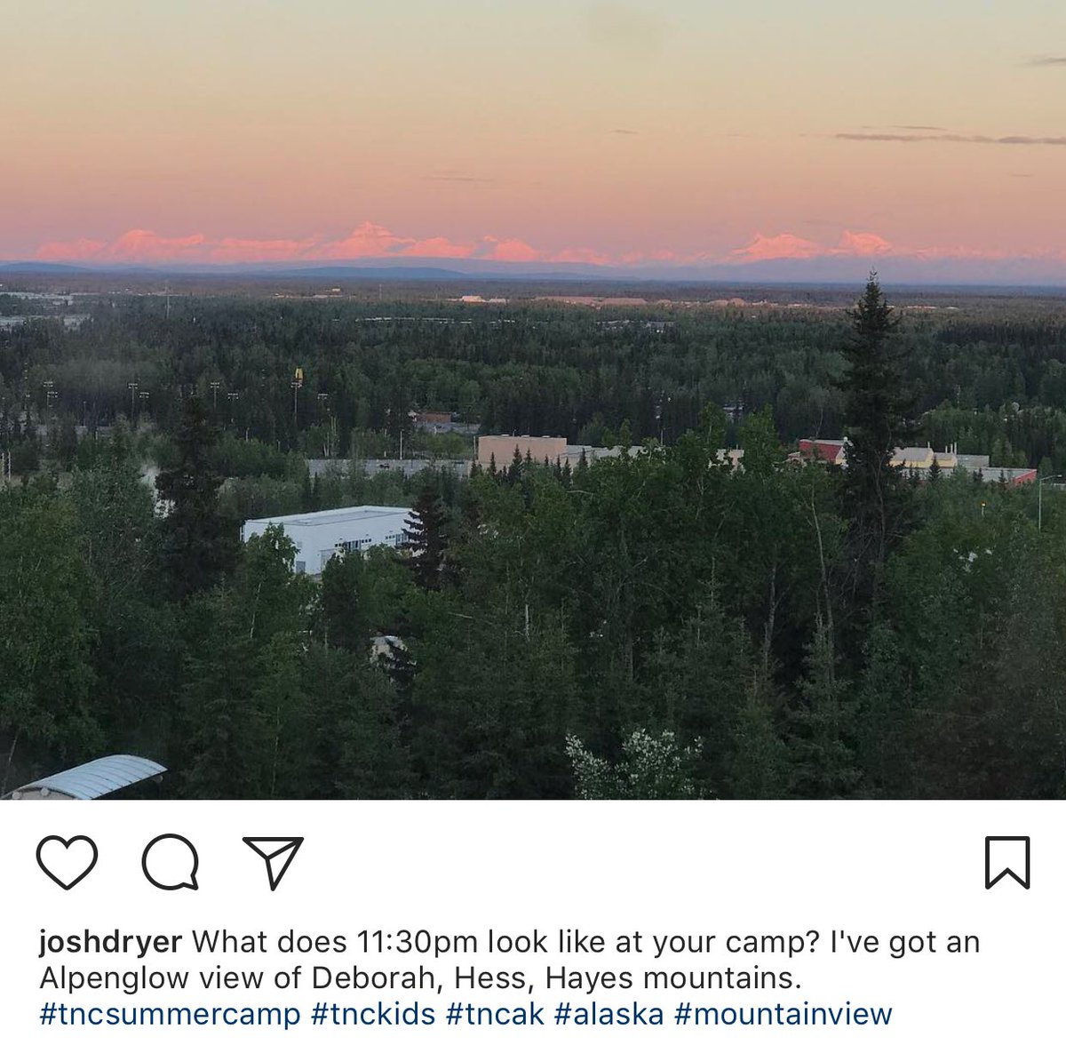joshdryer's tweet photo. What does 11:30pm look like at your camp? I've got an Alpenglow view of Deborah, Hess, Hayes mountains. #tncsummercamp #tncak #alaska https://t.co/jwLiGqt05b