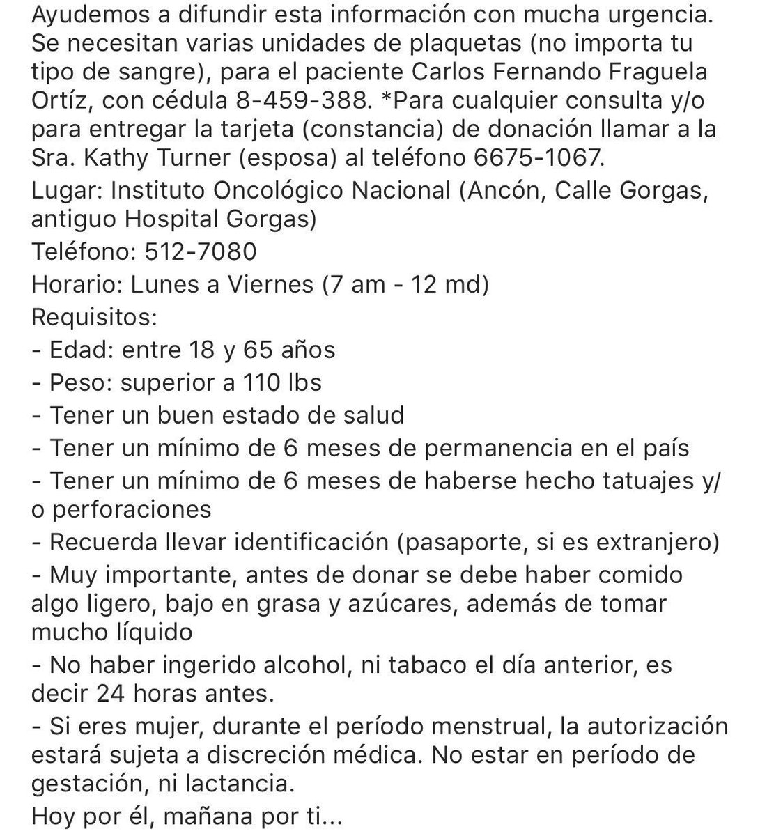 gisellejurado's tweet photo. Se necesita plaquetas para Carlos Fraguela favor compartir este mensaje #FUERZACARLOSFRAGUELA https://t.co/EH79UkGl9E