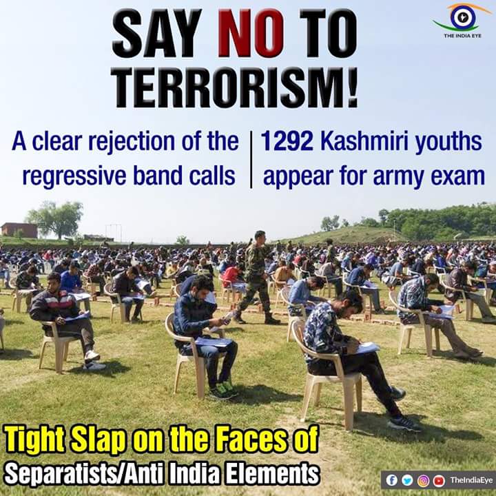 Indianit07's tweet image. Say No To Terrorism!
1292 Kashmiri youths appear for army exam👇
Tight slap on the face of separatists &amp;amp; Anti-Nationals
#BharatKaBetterFuture