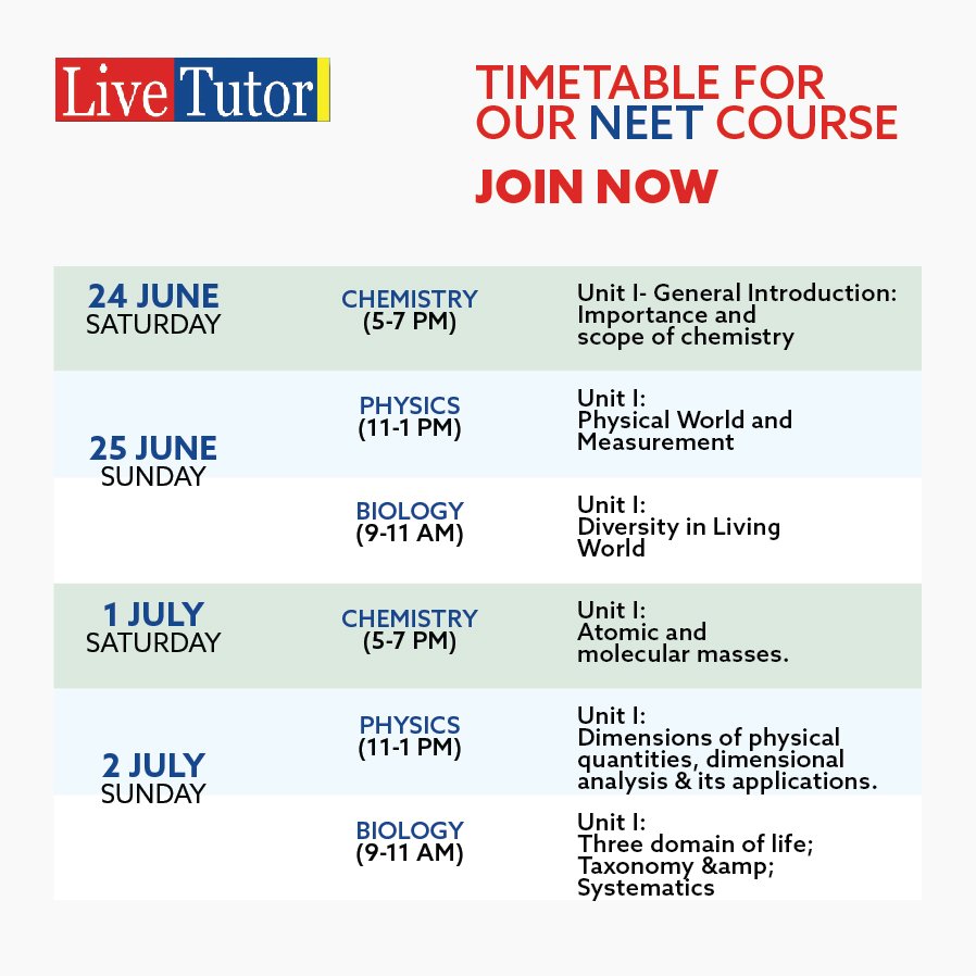 LiveTutorInd's tweet photo. Live Tutor is kick starting the online classes for NEET Coaching from 24th June.The schedule for the classes is mentioned below.Hurry Up. https://t.co/HIJQ1qtnZU