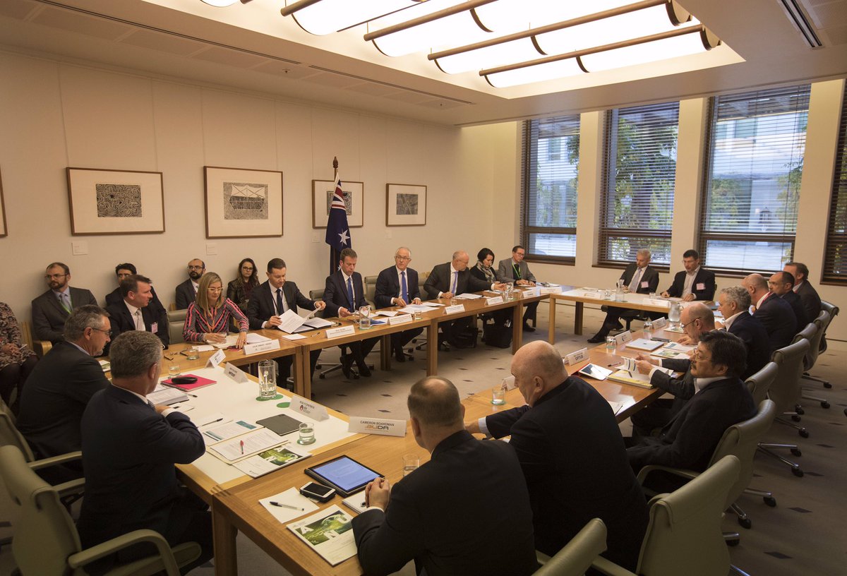TurnbullMalcolm's tweet photo. Meeting with industry and security agencies to help protect Australians, their families and our democracy from cyber threats. https://t.co/JrkZFP8Y3Q