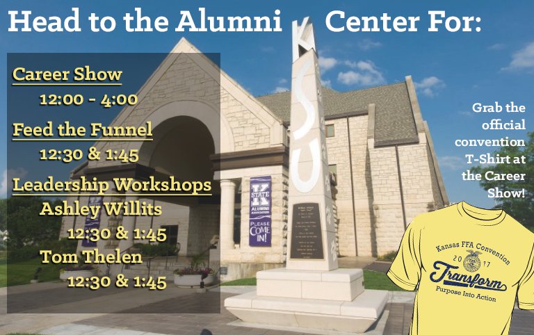 KansasFFA's tweet photo. Wednesday in the Alumni Center is going to be a good time: career show, feed the funnel, workshops, and more! #transformKSFFA https://t.co/bFzPnNJi3B