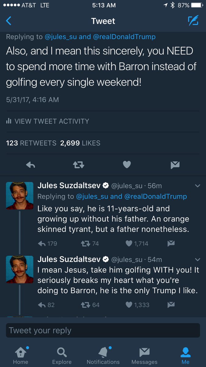 jules_su's tweet image. HOLY SHIT HE ACTUALLY DID IT! I told Trump to spend more time with his son AND HE BLOCKED ME!
