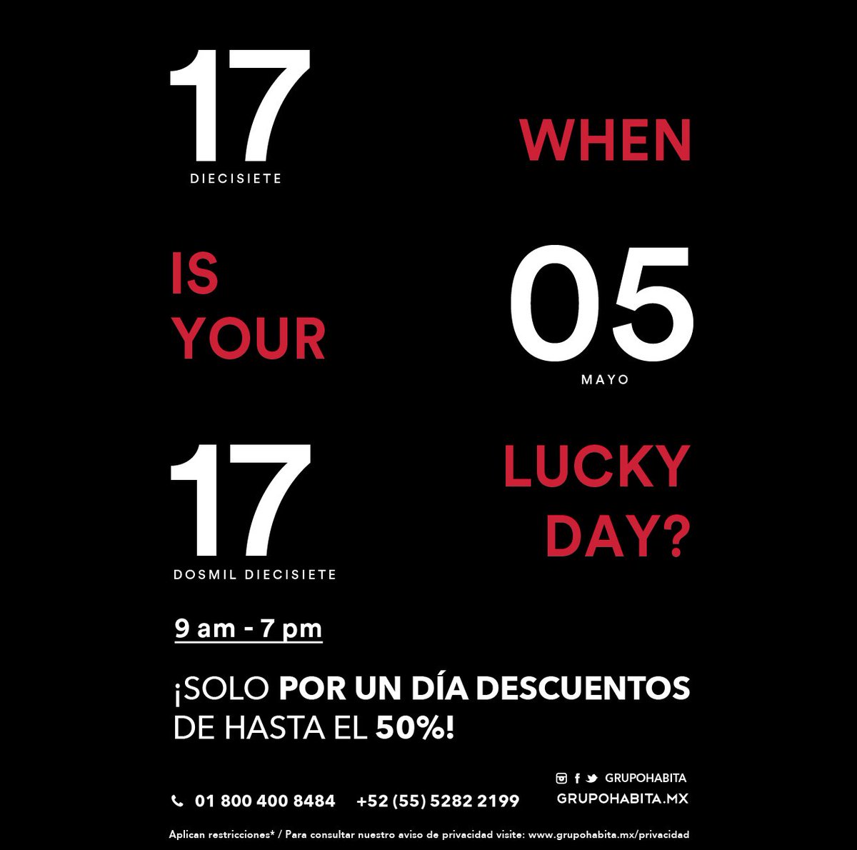 ¿Ya tienes tus vacaciones de verano? 
Solo HOY hasta un-50% en todos* nuestros hoteles#LuckyDay.
Reserva llamando al 01 800 400 8484