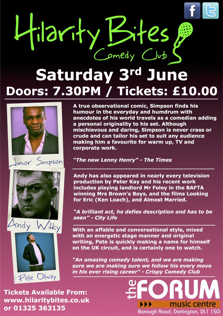 TheForum_Music's tweet photo. This Satruday Night @HilarityBites @ The Forum presents
 @JuniorSimpson @andywilkyjustme &amp; @PeteOtway @WhatsOnDarlo @hmvDarlington #DarloBiz https://t.co/VGzDhvzBpj