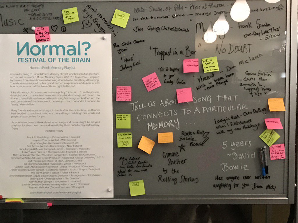 BrainFestUK's tweet photo. #normal17 Collective #memoryplaylist @Hanpeel @GlassWipeBoard #musicandmemory https://t.co/wVLpAxR8Eh