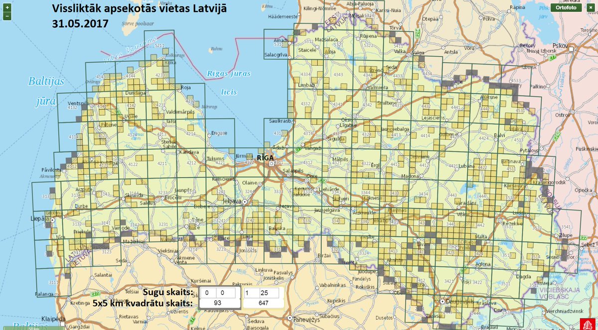 Nepietiekami apsekoto kvadrātu karte. Jūnijā Tev vēl iespējams šo stāvokli uzlabot un, ziņot ligzdojošos putnus <a href="/Dabasdati/">Dabasdati.lv</a> #putnuatlants