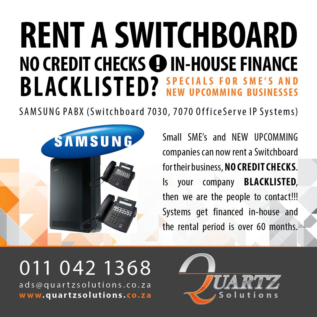 QuartzSolutions's tweet image. @SMESouthAfrica #Quartzsolutions U??? a NEW Upcoming Businesses UNDER 3 years, Small SME&apos;s and BLACKLISTED? Can&apos;t get PHONE LINES Contact Us