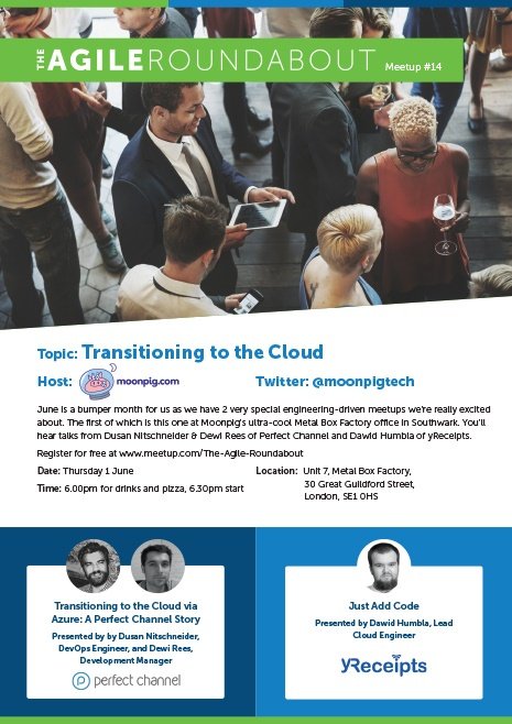 nova_fori's tweet photo. We are presenting @agileroundabout on transitioning from the Cloud to Azure, hosted by @moonpigtech tomorrow at 6pm, plus drinks &amp; pizza! https://t.co/JYepDzLcdF