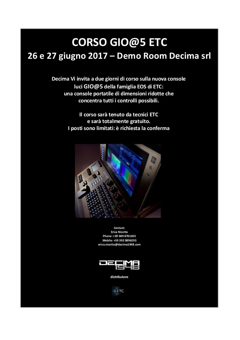 decima_srl's tweet photo. Il 26 e 27 giugno Decima Vi invita al corso sulla GIO@5 @ETCInc #decima #webuildemotions #gio5 #lighting https://t.co/fgivDD6e44