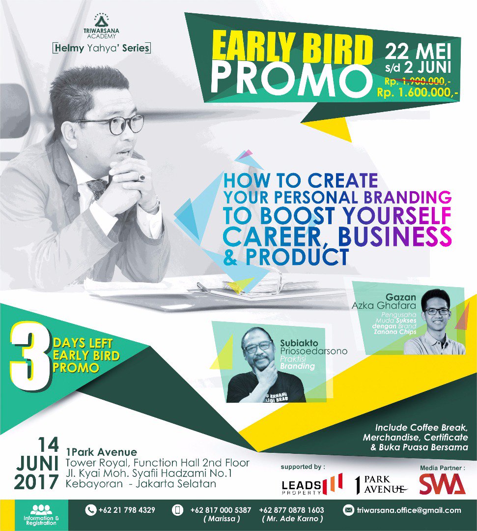 Pembicara :
<a href="/helmyyahya/">helmyyahya</a> (a Prominet Speaker for Personal Branding)
Subiakto (Praktisi Branding)
Gazan (Pengusaha muda pemilik Zanana Chips)