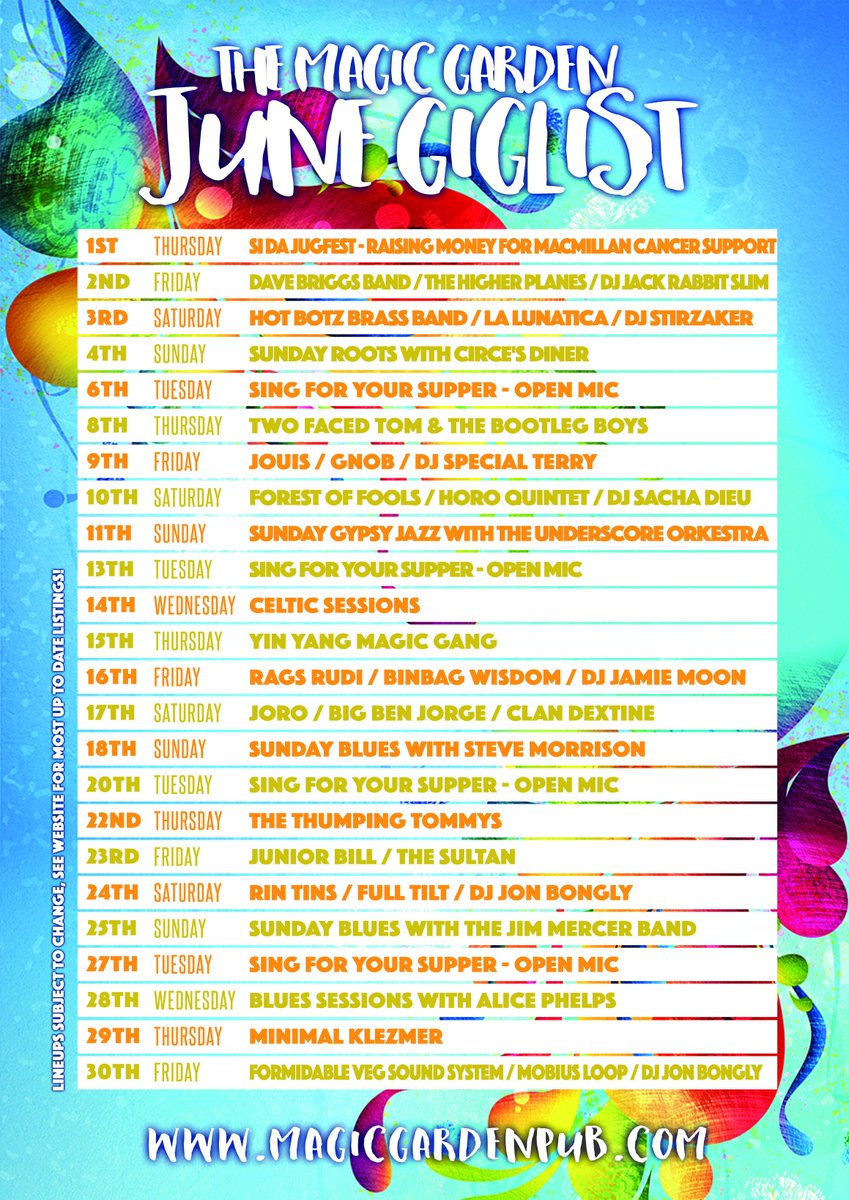 The Magic Garden Pub (@magic_pub) on Twitter photo June at the Magic Garden with <a href="/forestoffools/">forest of fools</a>, <a href="/RagsRudi/">RAGS RUDI</a>, <a href="/therintins/">The Rin Tins</a>, <a href="/formidableveg/">Formidable Vegetable</a> & lots more! magicgardenpub.com/events/ #Battersea June at the Magic Garden with <a href="/forestoffools/">forest of fools</a>, <a href="/RagsRudi/">RAGS RUDI</a>, <a href="/therintins/">The Rin Tins</a>, <a href="/formidableveg/">Formidable Vegetable</a> & lots more! magicgardenpub.com/events/ #Battersea