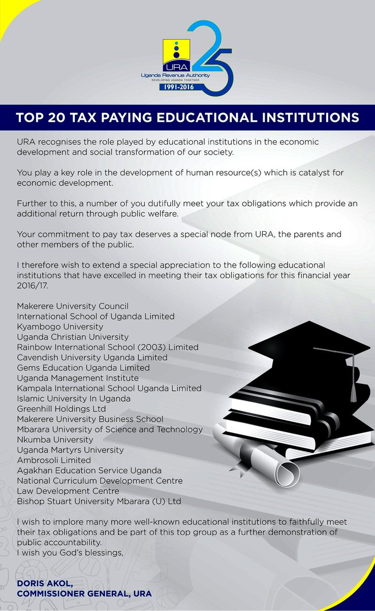 URAuganda's tweet photo. Celebrating Educational Institutions for making a huge contribution towards #DevelopingUgTogether 

Here are the top 20.

 @URA_CG https://t.co/QAs3db0THP