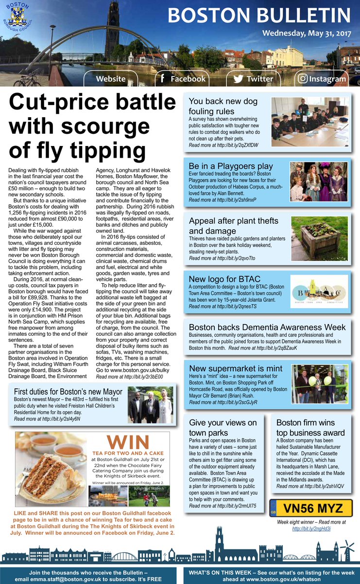Bostonboro's tweet photo. Today’s #BostonBulletin is out now. Read about the battle against fly tipping, new logo for #BTAC and much more at: https://t.co/2CYVc8O9lP https://t.co/vVY7oavcTf
