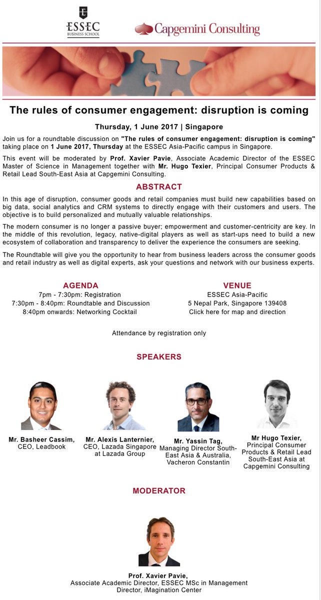 XavierPavie's tweet photo. Tomorrow @ESSEC_AP roundtable on The rules of consumer engagement disruption is coming with @Lazada @Vacheron1755 @CapgeminiConsul #leadbook https://t.co/LJKAXE4WWe