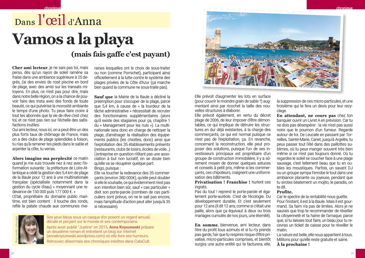 AnnaKnyszewski's tweet photo. Ma nouvelle chronique sur #Catacult !! sur la #privatisationdesplages... Attention ça arrive, ça fait peur et rire en même temps ! https://t.co/TVQvqOyKS7