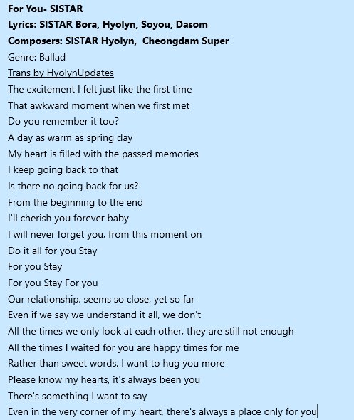 HyolynUpdates's tweet photo. [TRANS] SISTAR's song for Star1s "For you" English Translations
Please take out with credits 
#ThankYouSISTAR https://t.co/GARQzjA4x5